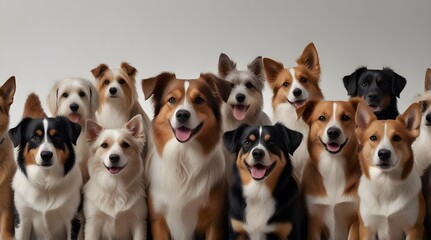 Row of different size and breed dogs over white horizontal social media or web banner. Dogs are looking at the camera, some cute, panting or happy.generative.ai 