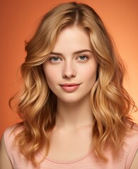Fototapeta premium Portrait of caucasian girl, wearing a casual clothing and smiling on studio color background