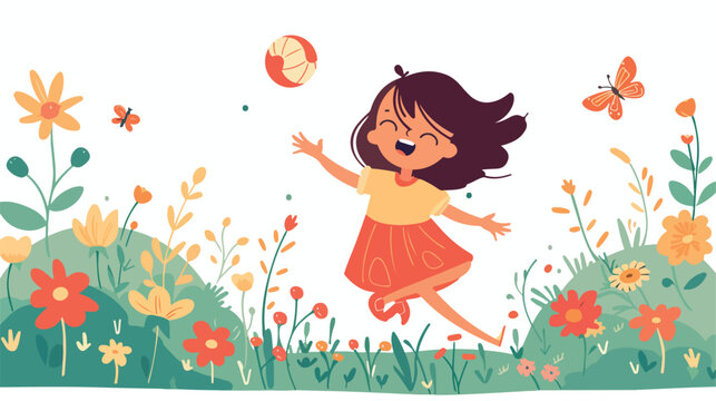 Girl playing ball on a meadow with flowers and butter