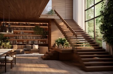 Interior architecture design of wooden entrance hallway with staircase in a minimal or topical house. Generative AI. - obrazy, fototapety, plakaty