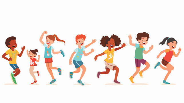 Girls and boys kids running jumping gesturing showing