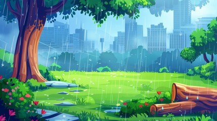 Park lawn in rainy weather with city buildings on background. Country landscape with bushes and flowers, tree, log and stones in rainy weather. Modern illustration.