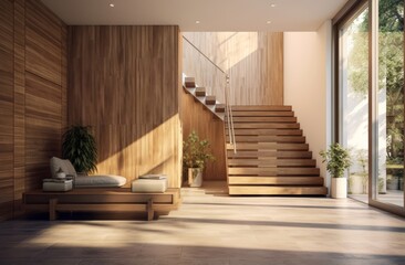 Interior architecture design of wooden entrance hallway with staircase in a minimal or topical house. Generative AI.