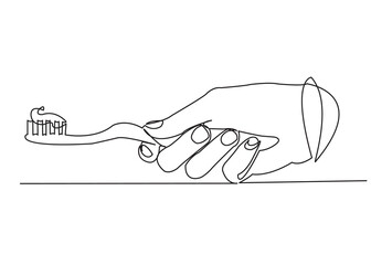 one continuous drawn line of toothbrush in hand hand-drawn picture silhouette.Line art. single line