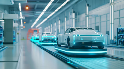 Automated robotics futuristic electric cars factory 