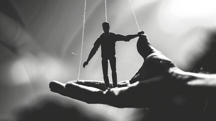 Black and white image of a marionette in a human hand. - obrazy, fototapety, plakaty