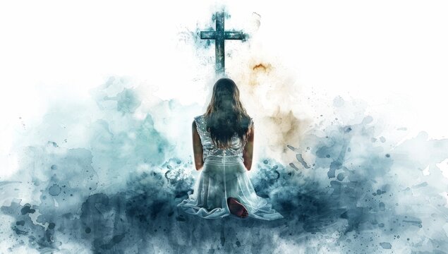 A woman praying for atonement at the foot of the cross