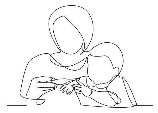 one continuous drawn line of a mom measuring the temperature of her child drawn by hand a picture of the silhouette. Line art. single line taking care of the baby