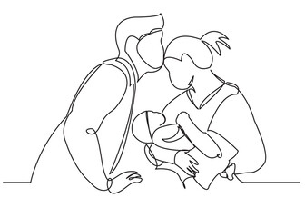 one continuous drawn line of a young couple with a newborn hand-drawn picture of a silhouette. Line art. character mommy's daddy and baby in the hospital. single line