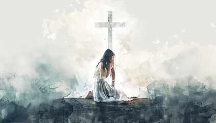 A woman praying for atonement at the foot of the cross - obrazy, fototapety, plakaty
