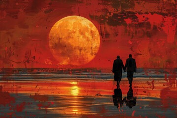 Generative ai illustration of a Elderly couple walking hand to hand on ocean beach at sunset