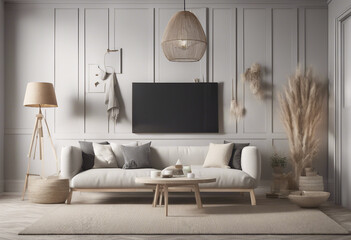 Scandinavian farmhouse living room interior wall mockup 3d render