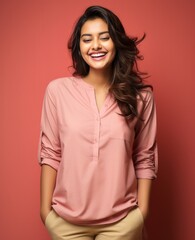 Portrait of India girl, wearing a casual clothing and smiling on studio color background