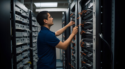 A technician works near the racks of a modern data centre. The system administrator configures the computer hardware.