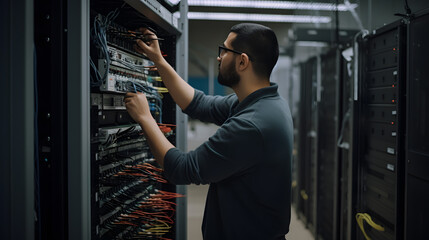 Fototapeta premium A technician works near the racks of a modern data centre. The system administrator configures the computer hardware.