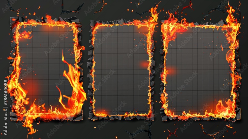 Poster isolated checkered, burning notebook pages. blank vertical templates for letters, flaming notes, or 