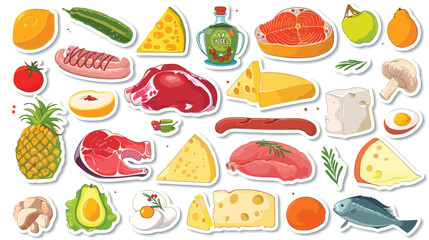 Groceries food products set sticker. Shopping superma