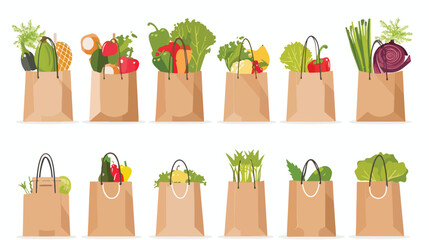 Grocery bags with food supermarket purchases. Full pa