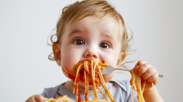 Laughing baby boy eating spaghetti in tomato sauce on white isolated background.