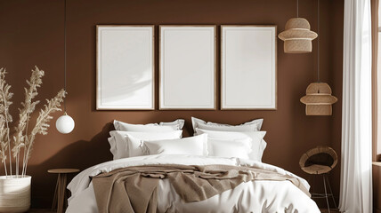 A mockup of blank poster frames on the wall above bed in a brown room.