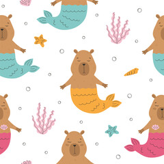 Seamless pattern with capybaras with mermaid tail