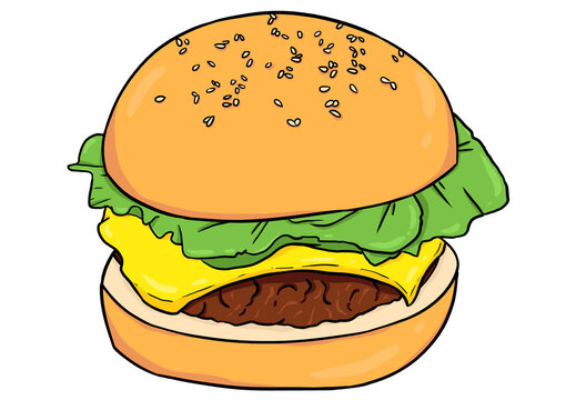 Beef burger with lettuce. Perfect for artwork, t-shirts, cards, prints, picture books, coloring books, wallpaper, prints, etc.