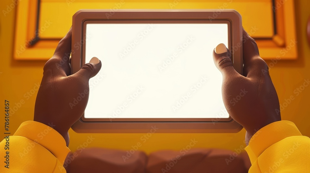 Poster in this 3d render illustration, a man holds a tablet computer with an empty white screen. african am