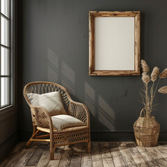 a wooden frame mockup hanging on the dark gray walls
