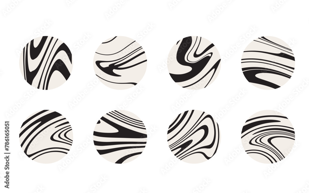 Wall mural set of 8 circle icons with abstract waves, hand drawn isolated vector illustration