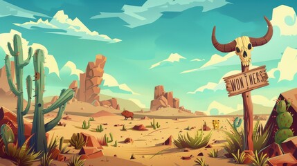 Modern cartoon illustration of an American desert landscape with a wanted poster and a bull skull on a pole. Wild west desert panorama with sand, cacti, mountains, ox bones, and wooden signs.