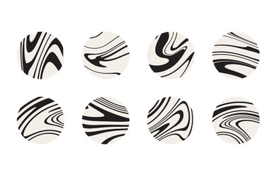 Set of 8 circle icons with abstract waves, hand drawn isolated vector illustration