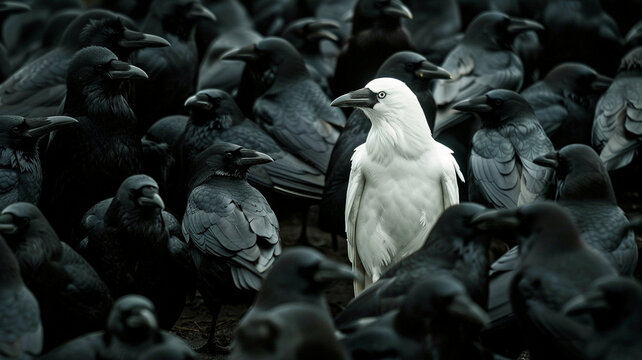 A white crow stands out in the middle of a crowd with black crow. - The concept shows individuality and different thinking.