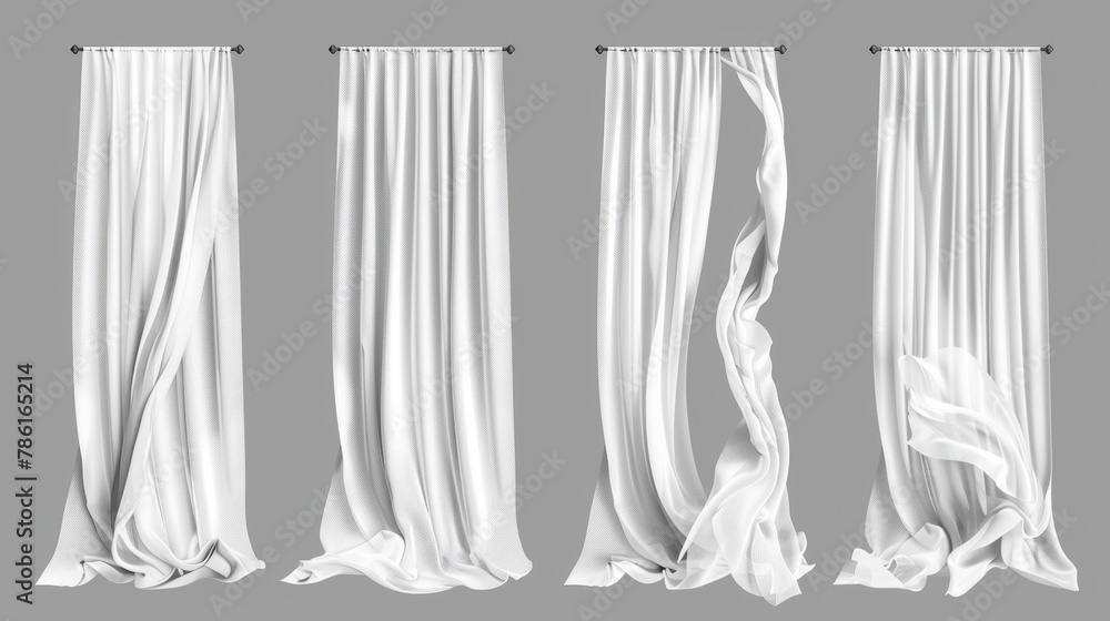 Poster set of white window curtains fluttering in the wind isolated on a grey background. textile that is l