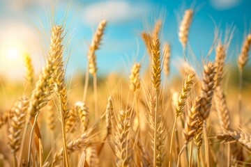 Fototapeta premium close up of wheat crop in field over blue sky, sky blue bokeh background