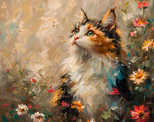 Cute Oil Paint Adorable Cat Wall Art Generated by AI