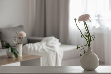 spring flowers in vase in white modern interior - 786165238