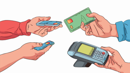 Hands using smartphone and POS payment terminal