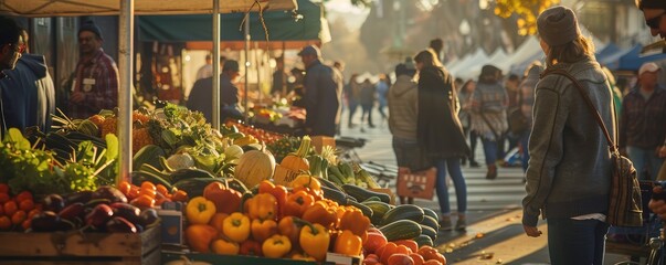 A people shopping on the early morning in the farmers market with many healthy vegetables, fruits and other food. - obrazy, fototapety, plakaty
