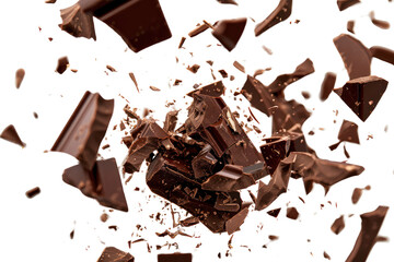 Fototapeta premium Chocolate bar piece explosion chunk candy broken isolated milk cocoa fly .isolated on white background