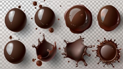 Dark brown glossy ganache sauce or syrup blobs isolated on transparent background. Sweet chocolate spherical textured spots, design elements, realistic 3D modern set. - obrazy, fototapety, plakaty
