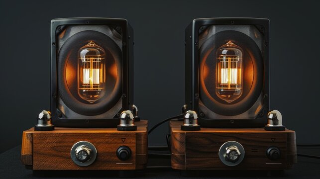 On a black background, two sound speakers are attached to a vacuum tube amplifier.