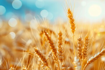close up of wheat crop in field over blue sky, sky blue bokeh background