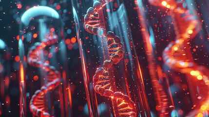 A 3D animation backdrop highlighting a magnified view of DNA strands within a medical test tube rendered in a unique style conveying the intricacies and marvel of biotechnology. - obrazy, fototapety, plakaty