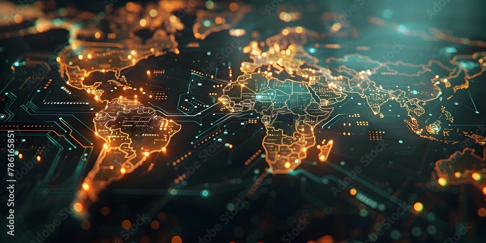 Poster pulsating global financial data flow across a dynamic circuit based world map representing the inter