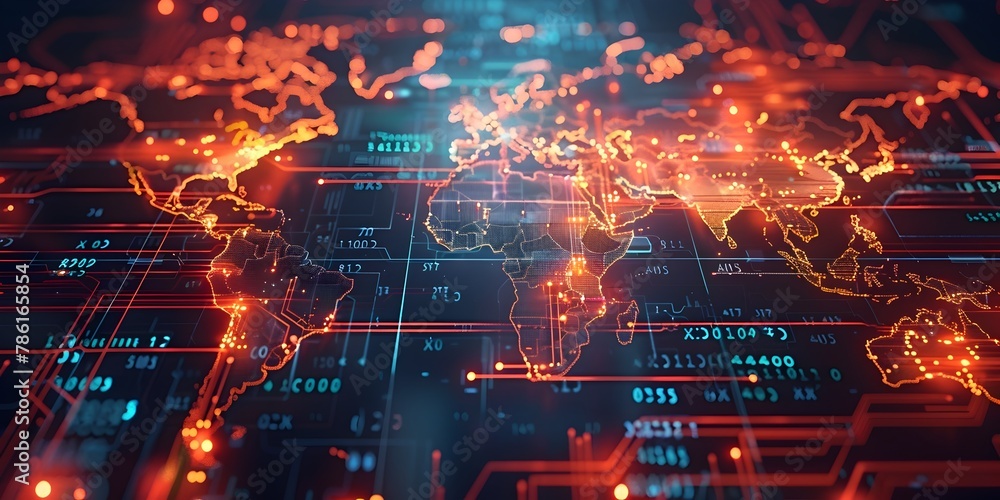 Poster global digital flow pulsating world map visualizing financial data across continents