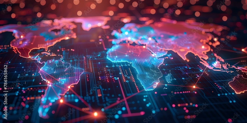 Poster animated circuity world map visualizing financial data flows across continents
