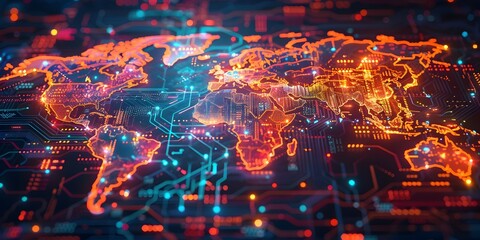Vibrant Holographic World Map Showcasing Global Digital Interconnectivity at Tech Conference