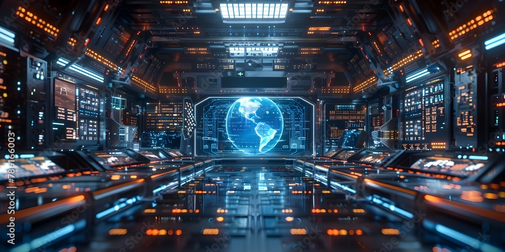 Poster a futuristic science fiction control room featuring a strategic digital globe map of the earth with 