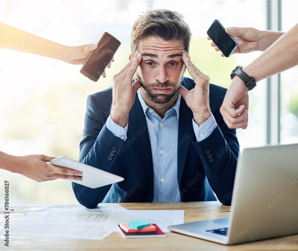 Canvas Prints Businessman, hands and stress or overwhelmed with multitask in office with poor time management or tech. Employee, headache and portrait for workload, overworked or team pressure for deadline by desk