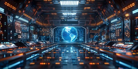 A futuristic science fiction control room featuring a strategic digital globe map of the Earth with glowing circuits and advanced data displays